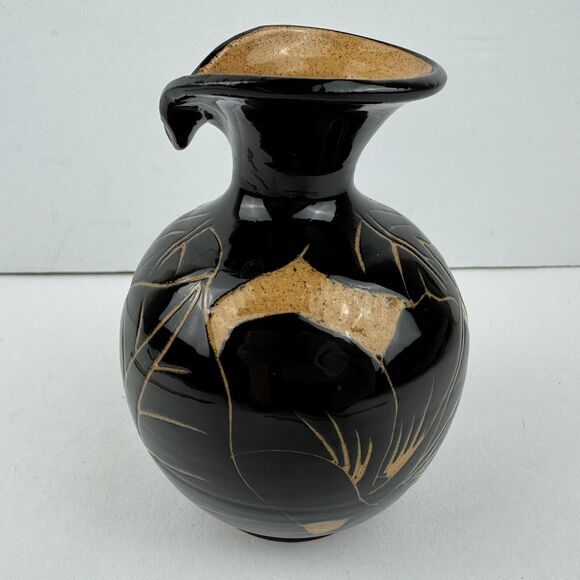 Jamaica Frazer Ceramics Small Round Vase Signed Black Leaf Tulip Style Mouth - Picture 3 of 8